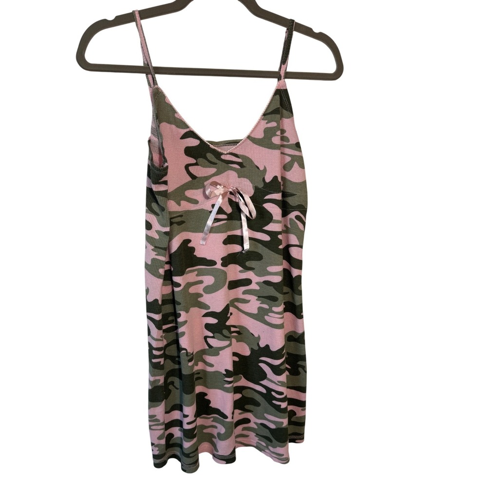 Natural Reflections Camo Nightie Women Medium Pink Green Waffle Knit Coquette